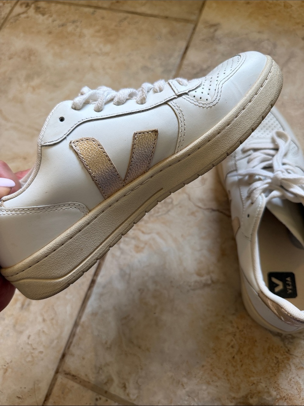 Veja White Leather Low-Top Sneakers with gold V and heel
